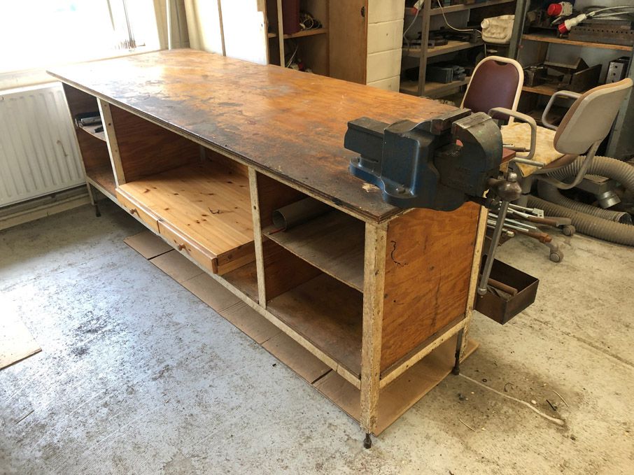 2440x900mm metal frame wooden topped work bench wi...