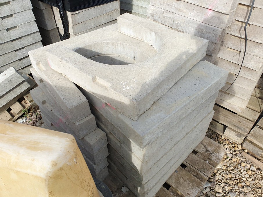 Qty various size concrete manhole risers on 6 pall...