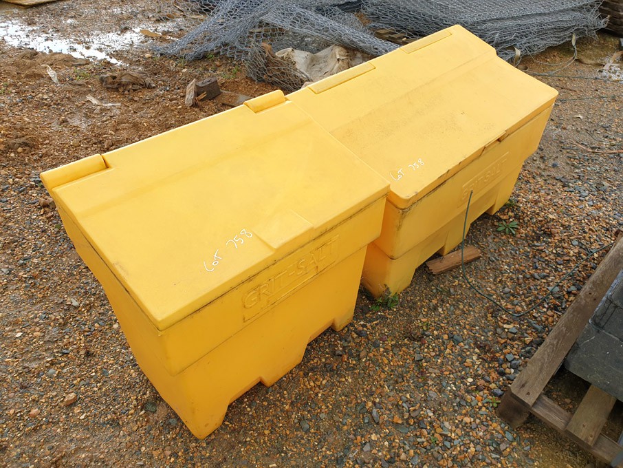 2x yellow plastic grit stores, top opening lid
