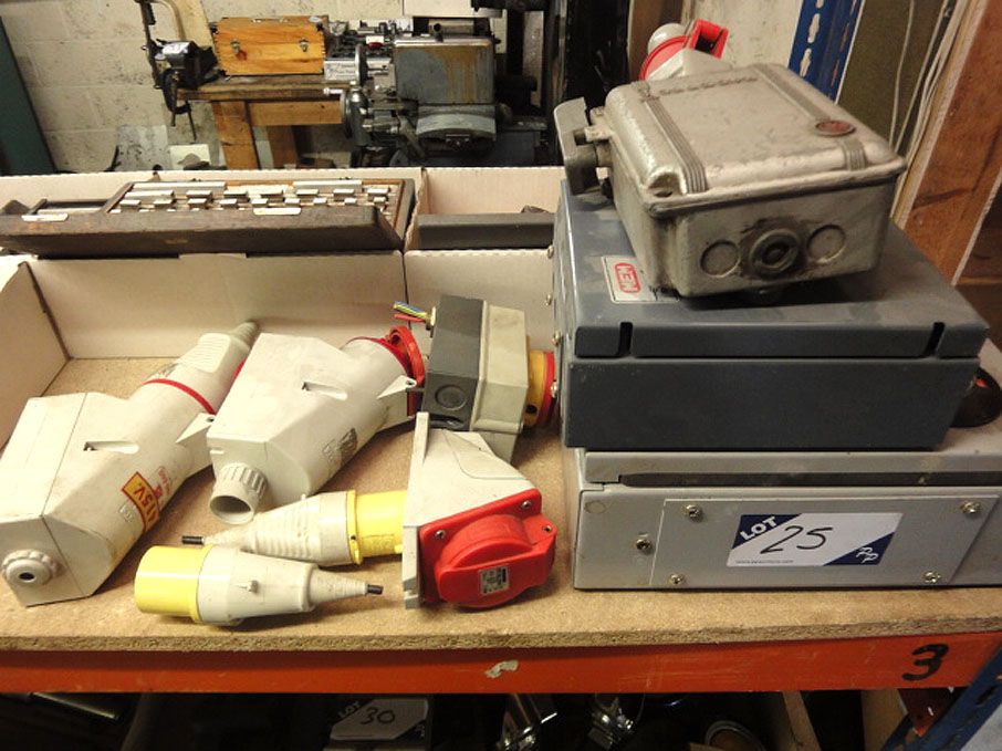 Qty various electrical fuse boxes, plugs & soc...