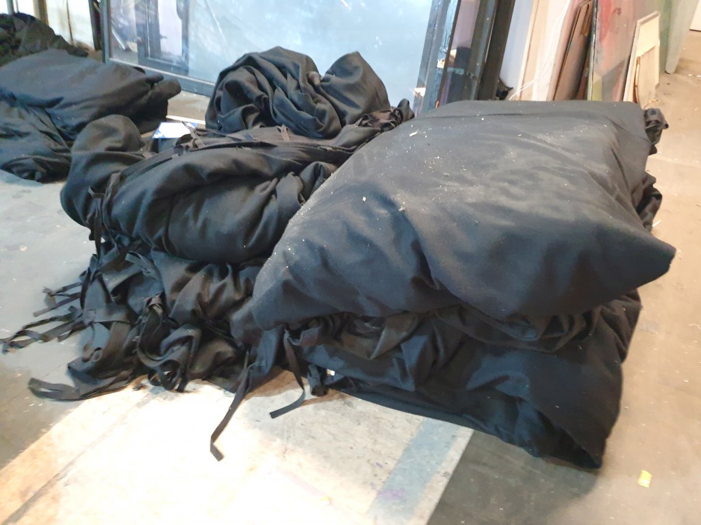 Qty various size black studio drapes