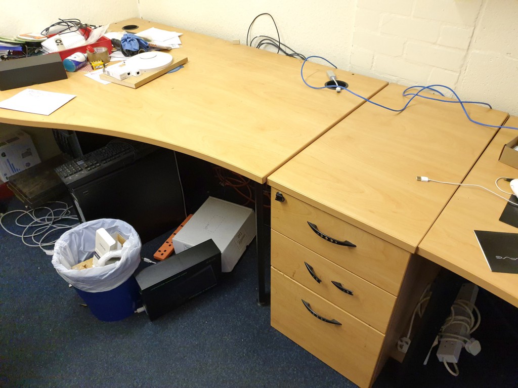 2x beech 1600x1200mm curved office desks, 3 drawer...