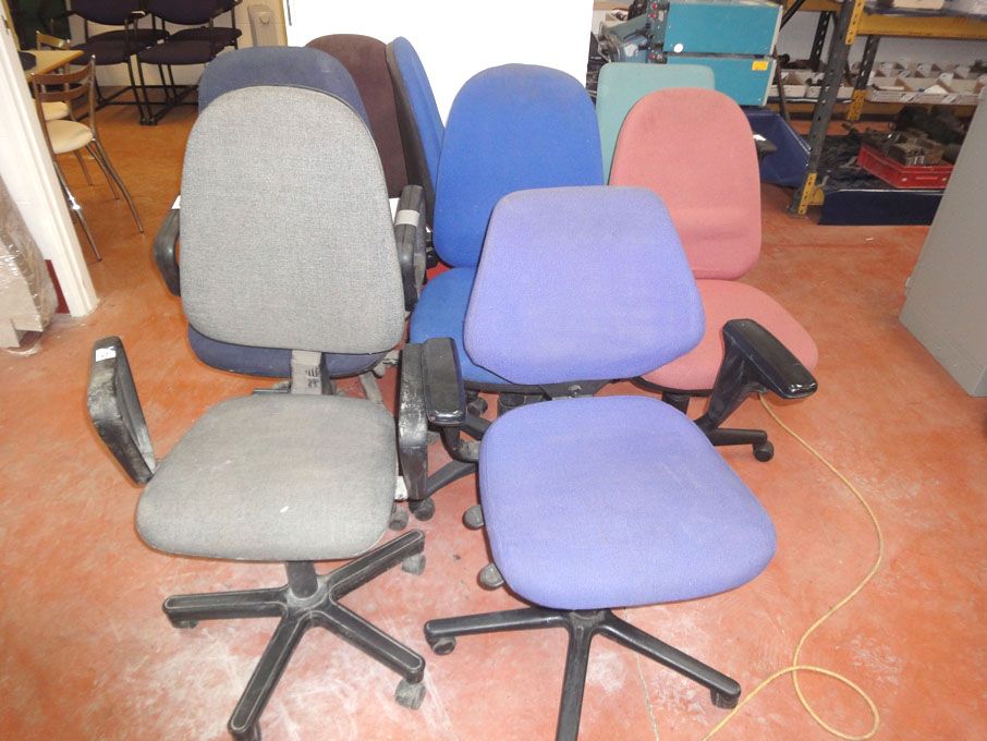 Qty various upholstered swivel office chairs, blue...
