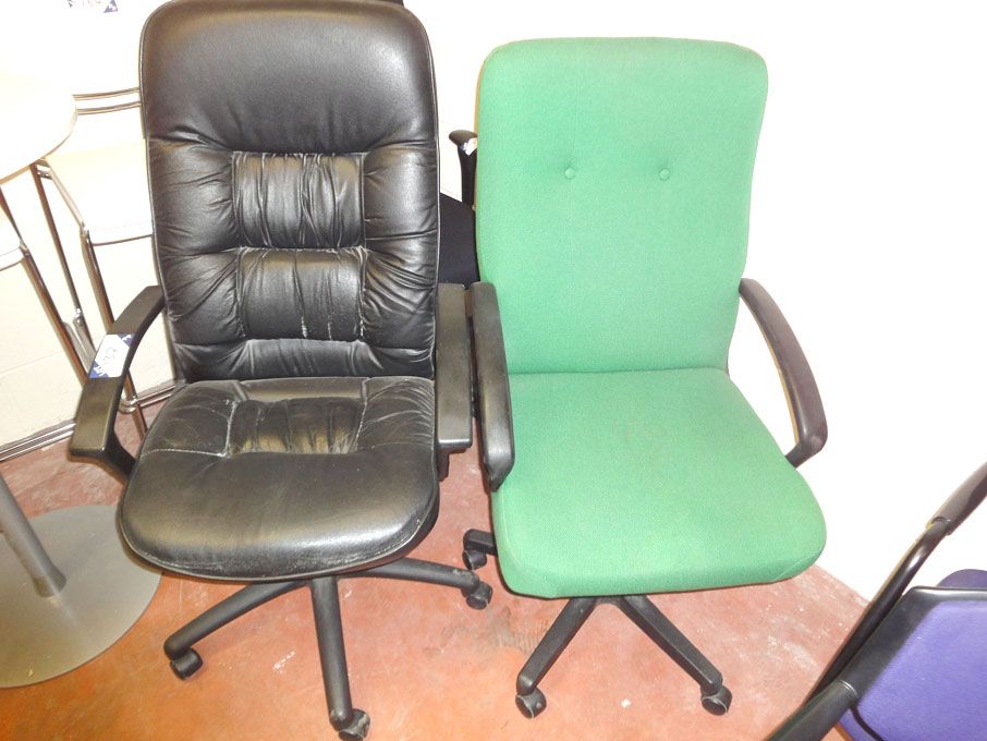 3x black leather, green upholstered swivel office...