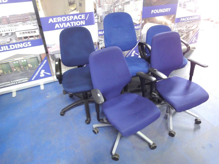 2x Giroflex purple upholstered & 3x Paragon blue u...