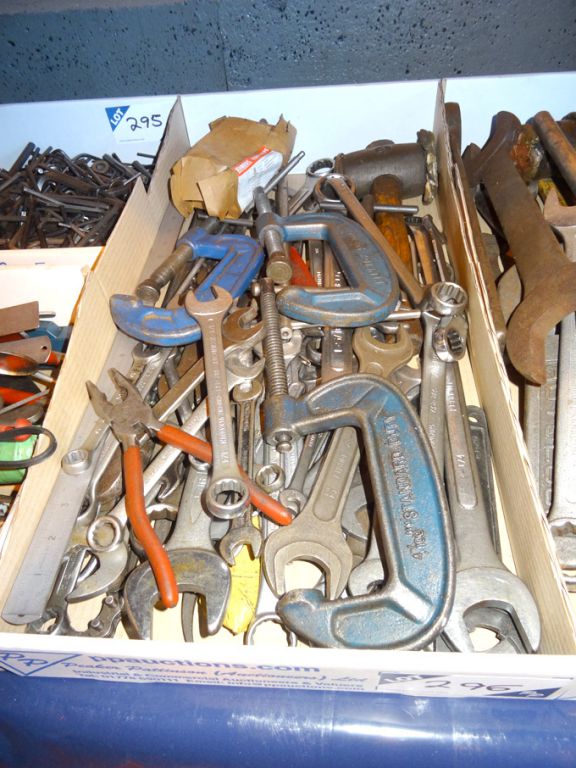 Qty various size spanners, G clamps, hammers, plie...