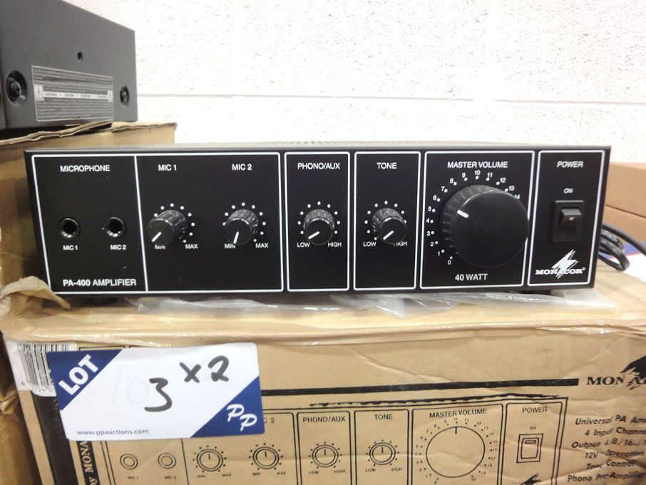 2x Monacor PA-400 universal PA amplifiers, 40W RMS...