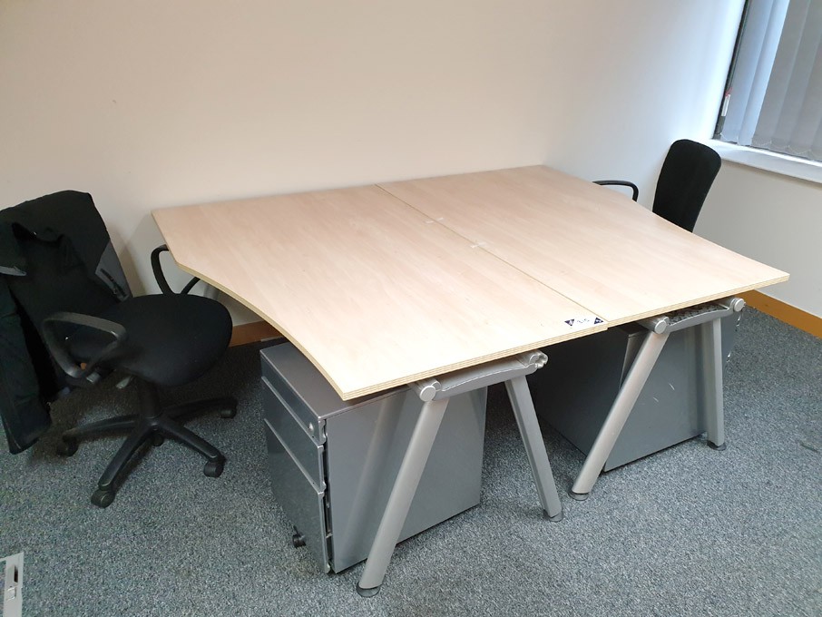 2x maple 1600x1000mm curved desks with silver 3 dr...