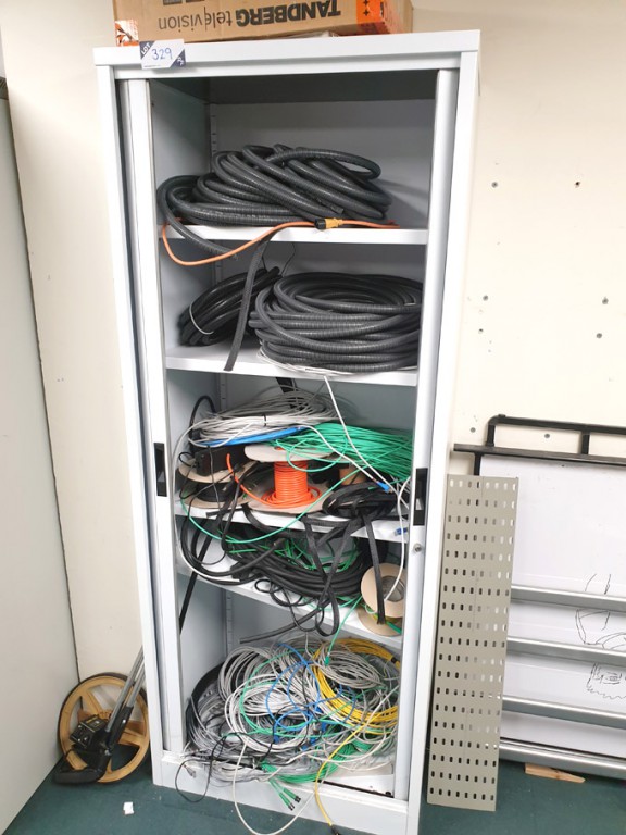 Twin sliding metal storage cupboard with contents...