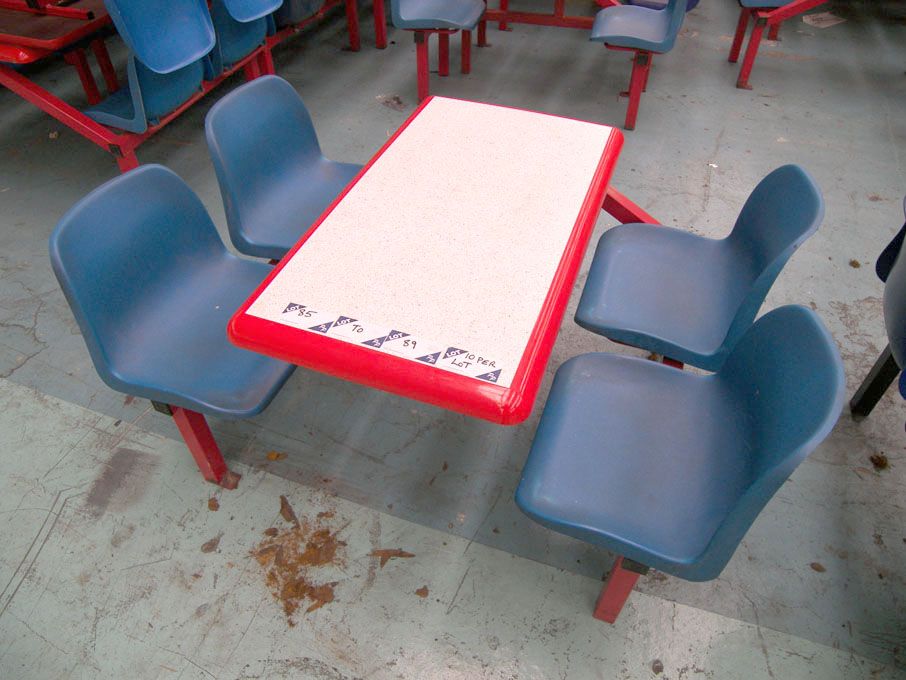 10x 4 seater canteen tables, red/blue - Located at...
