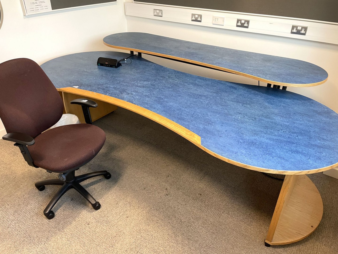Blue curved 2 tier RF studio desk, 3000x1200mm. 26...