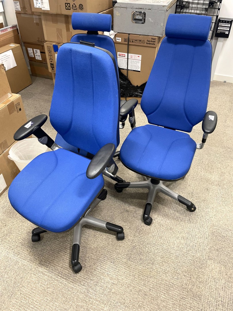 3x RH Form blue upholstered office chairs - Lot lo...