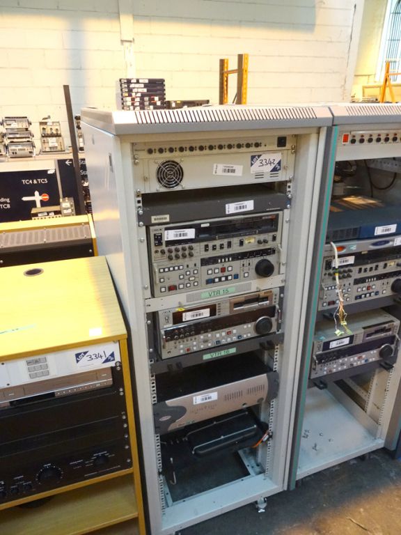 Mobile storage rack with contents inc: Sony DSR -2...