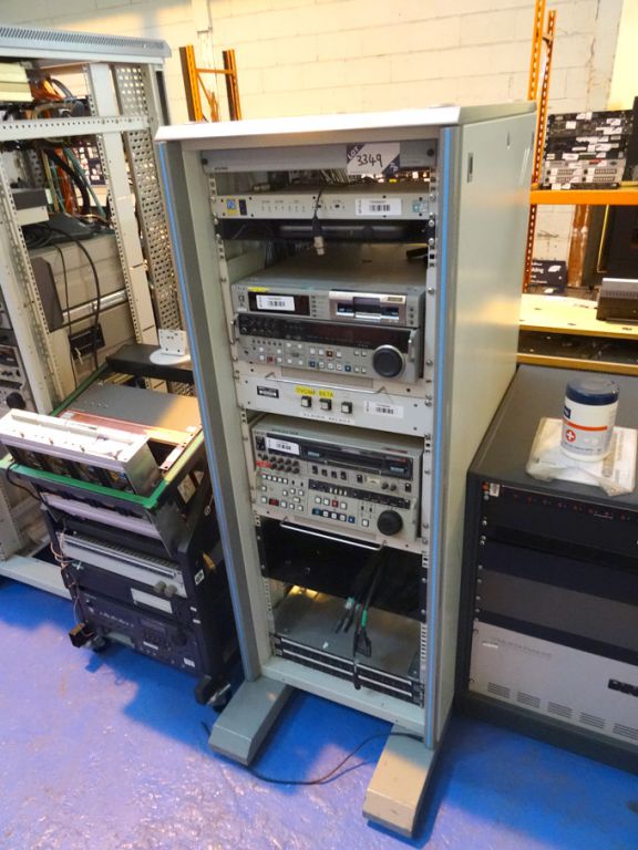 Mobile storage rack with contents inc: Sony DSR 20...