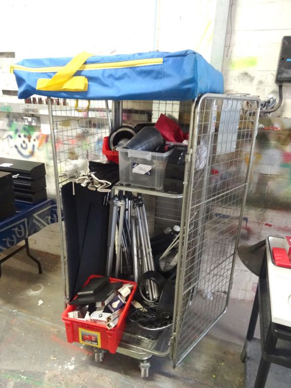 Mobile storage trolley with contents inc: tripods,...