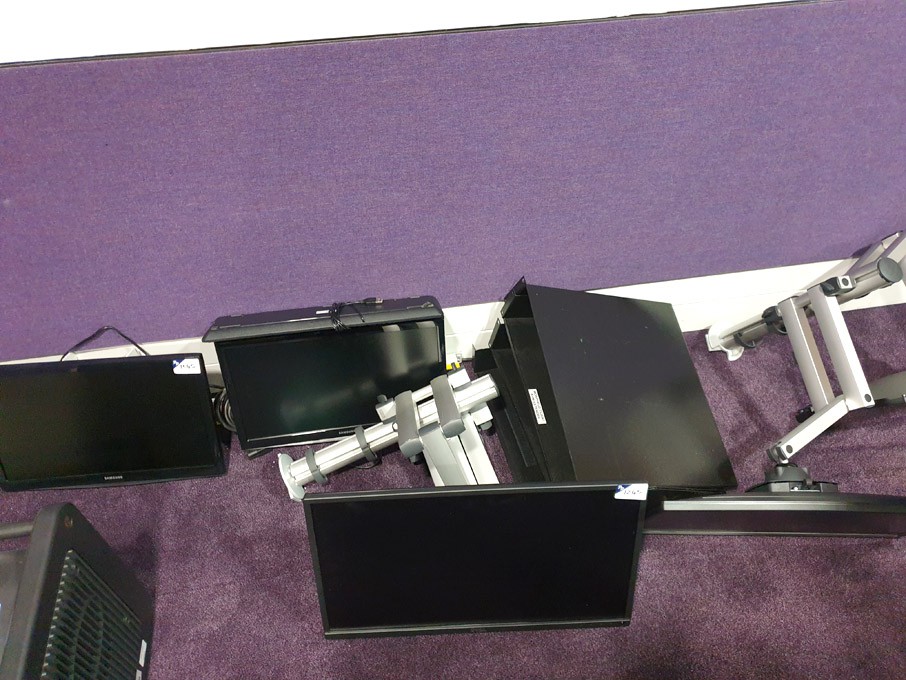 3x Dell 23" monitors on monitor stands, 2x Samsung...