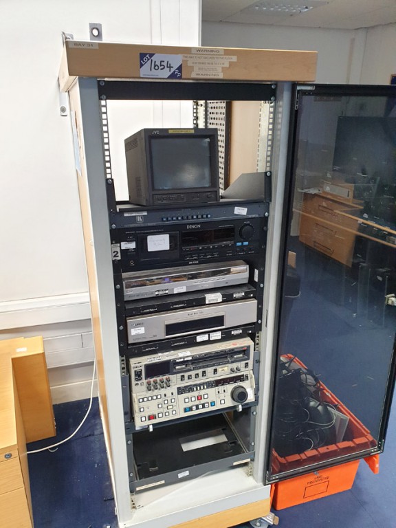 Metal mobile glass door studio rack with various J...