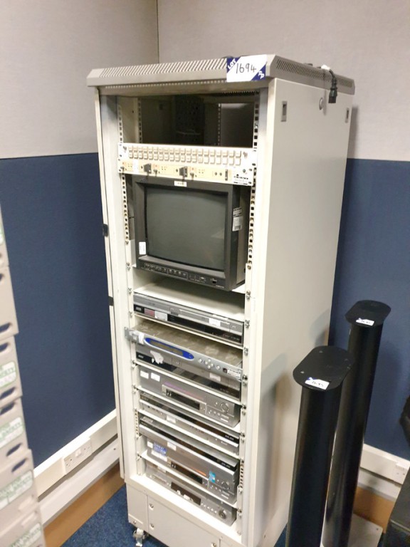 Mobile rack with contents inc: JVC CRT monitor, JV...