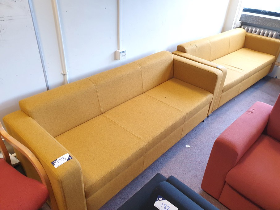 2x mustard fabric upholstered 3 seater sofas, 1900...