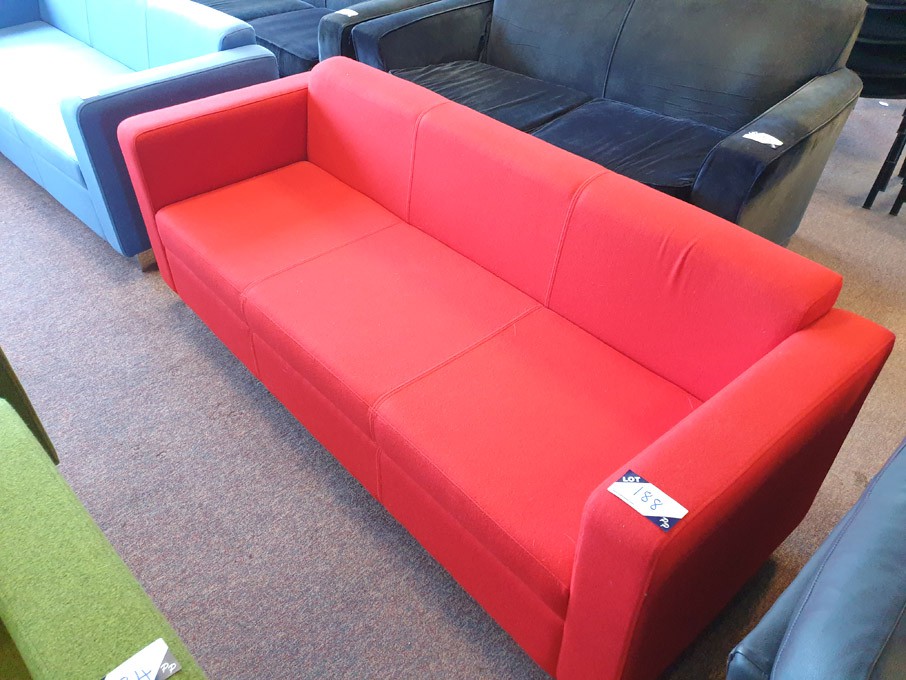 Red fabric upholstered 3 seater sofa, 1900x700mm