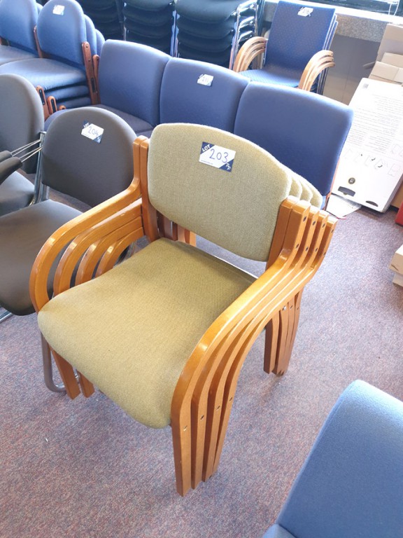 4x green upholstered wooden frame stackable chairs