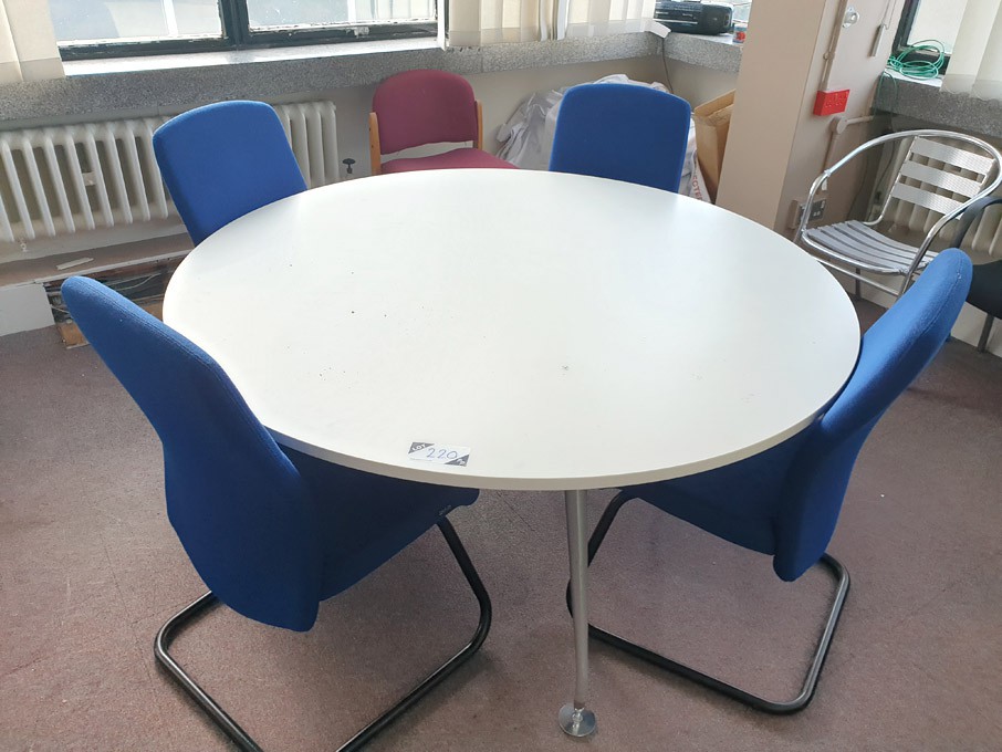 White 1800mm dia meeting table with 4x blue uphols...