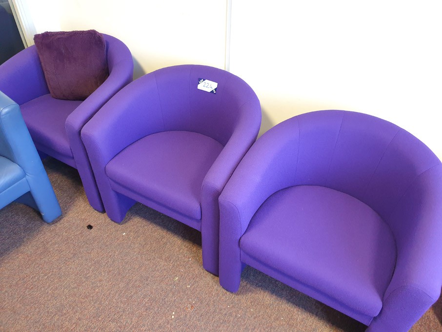 3x purple fabric upholstered reception seats