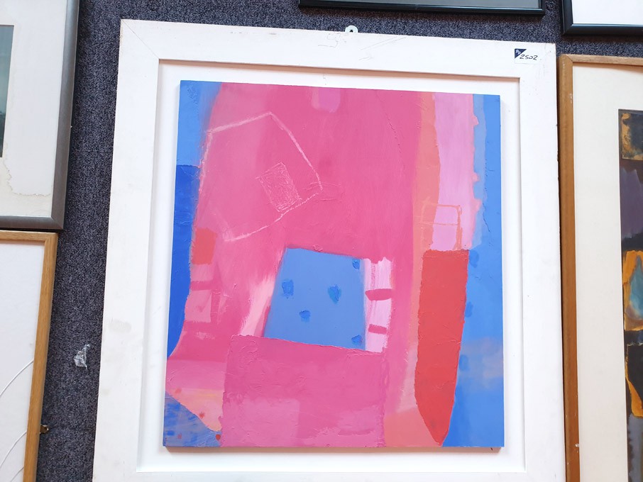 Colour painting on hardboard in frame, 890x840mm a...