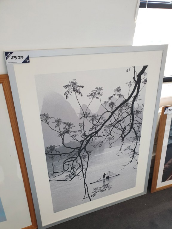 Framed black & white fishing scene print, 1200x900...