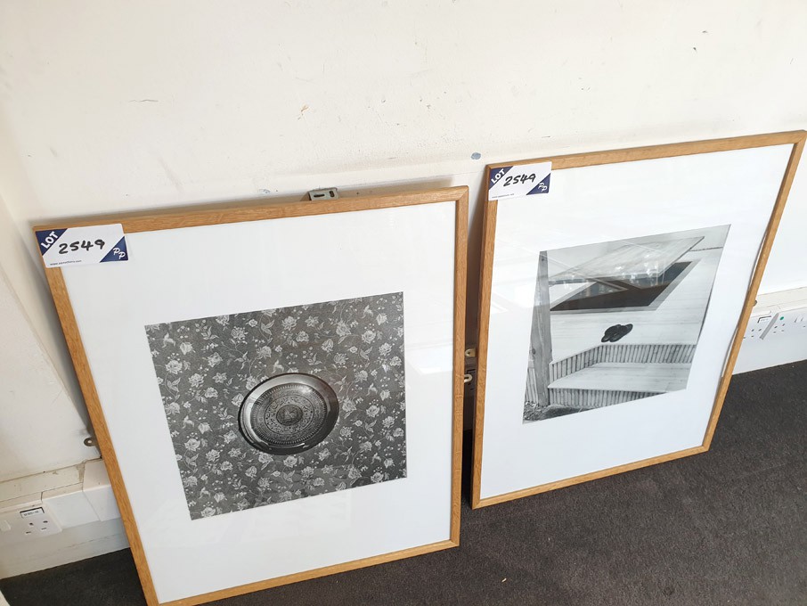 2x black & white prints in wooden frames