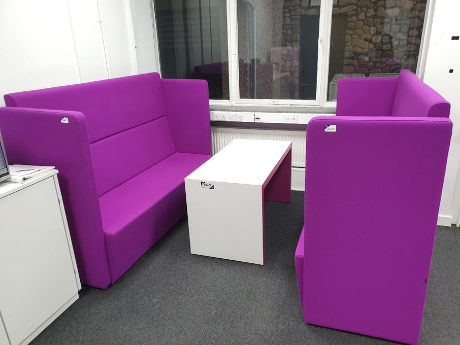 2x purple high back meeting seats with 1200x600mm...