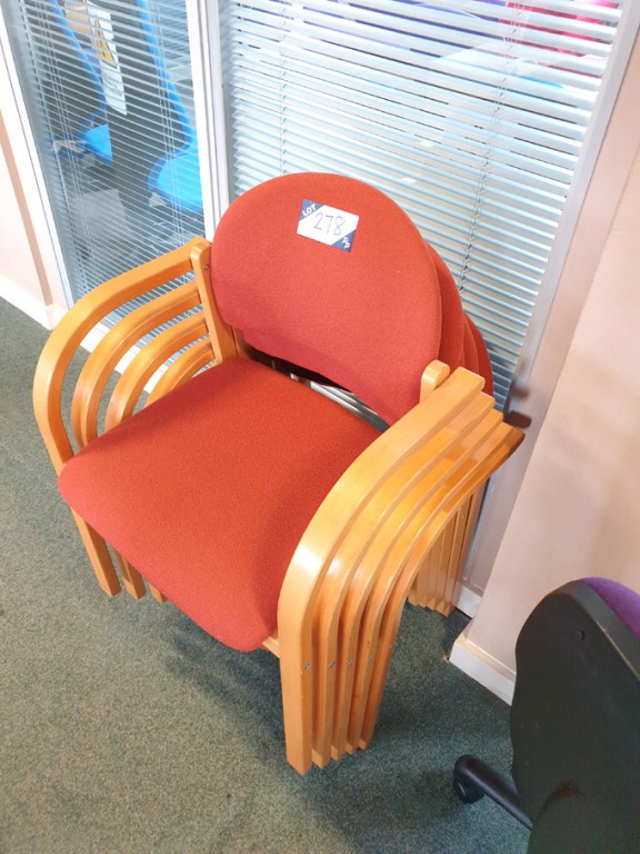 4x orange upholstered wooden leg stackable chairs