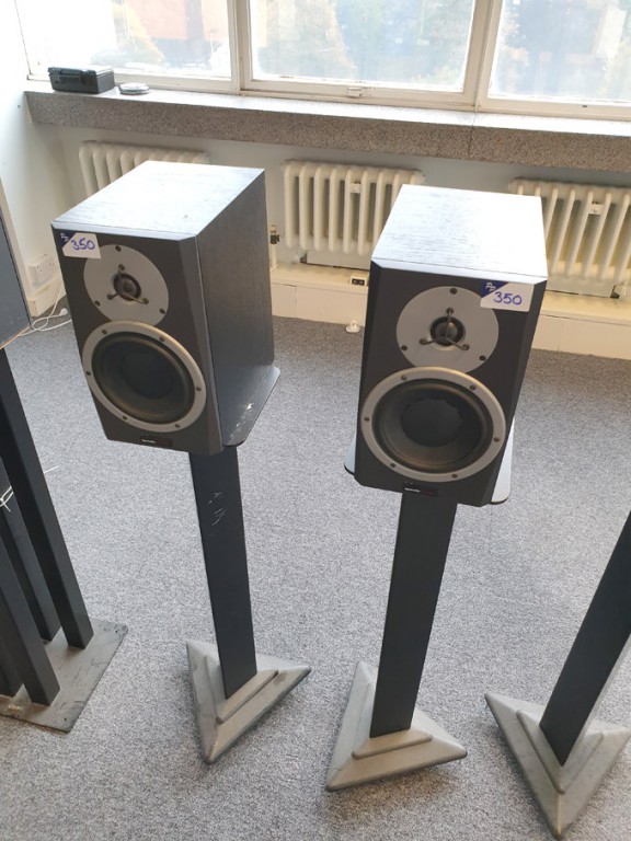 Pair Dynaudio BM5A speakers on floor mounted stand...