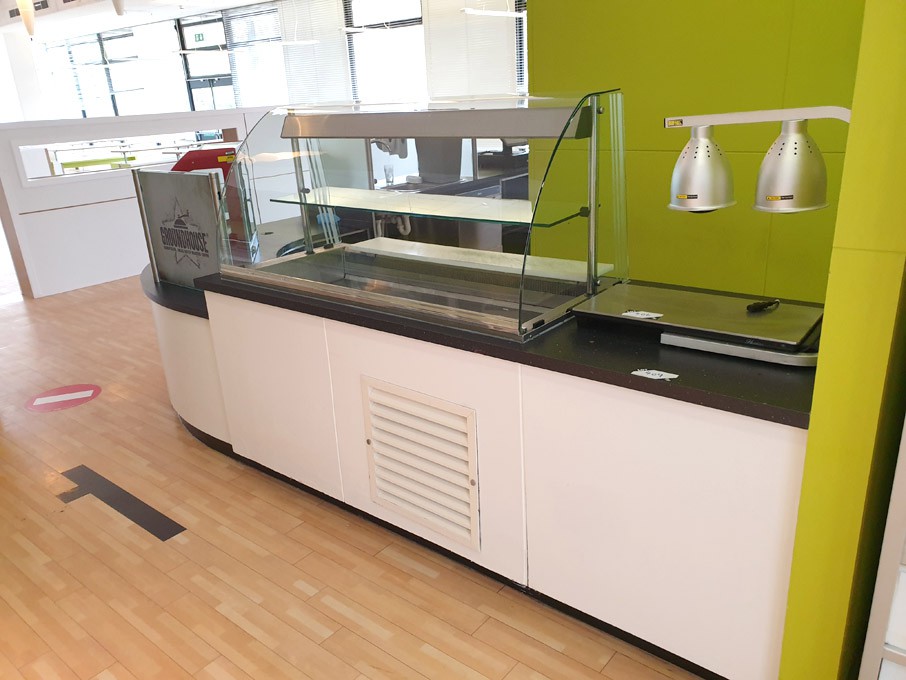 White wooden black topped counter with 2x display...