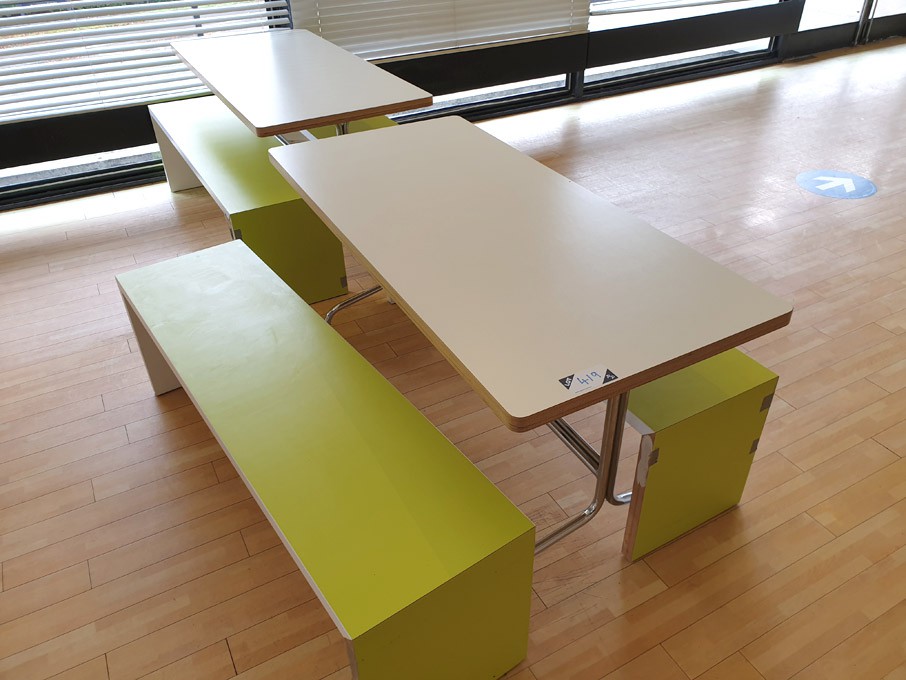 2x white 1500x700mm canteen tables with 4x lime /...