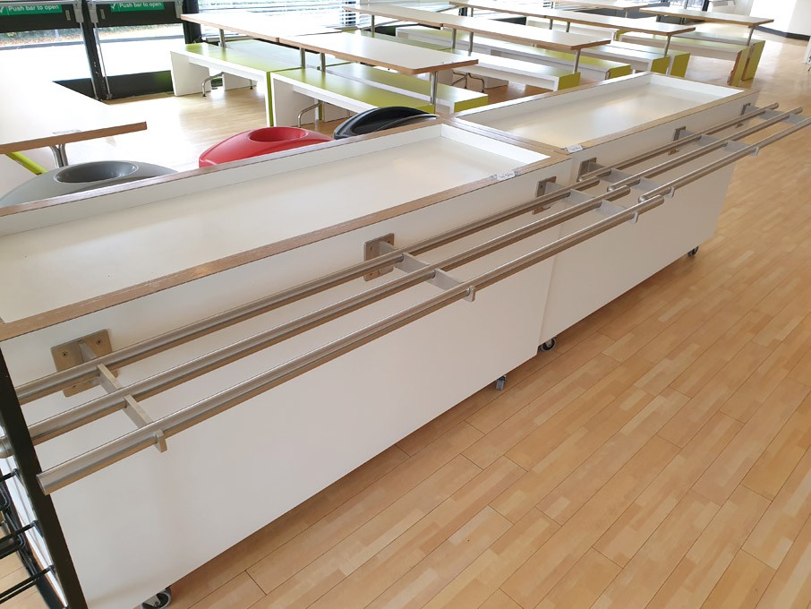 2x white wooden mobile serving counters, 1750x940m...