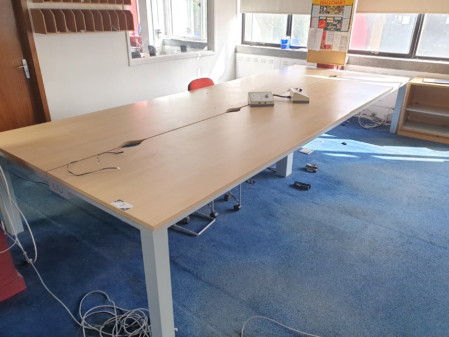 4 station maple top, grey metal frame tables, 2200...