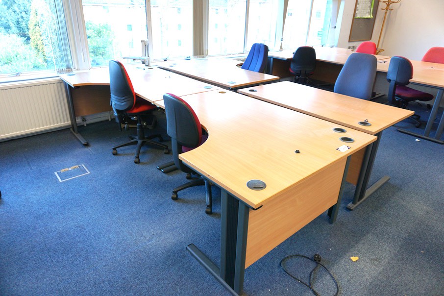 3x beech 1600x1200mm 'L' shape tables with upholst...