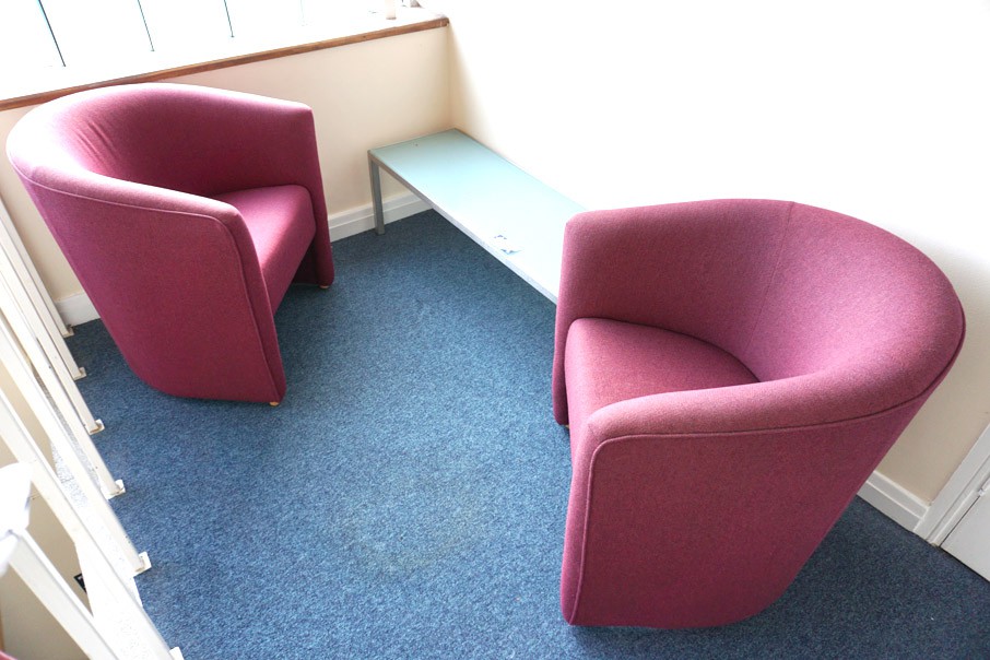 2x purple upholstered chairs with glass top chrome...