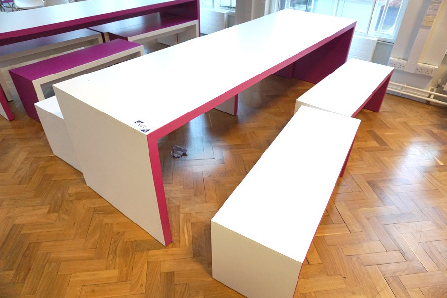 White & purple canteen bench, 2700x800mm with 4x w...