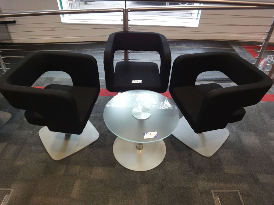 Pair 600mm dia glass reception tables with 6x blac...