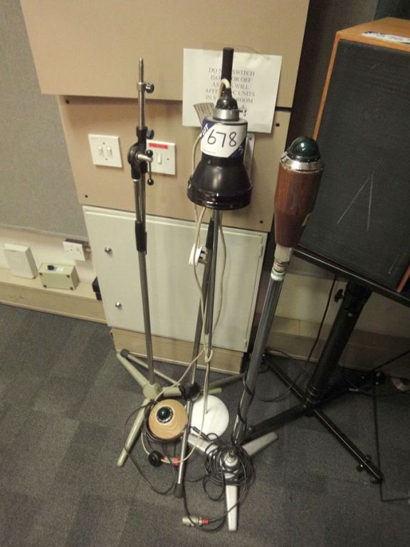 Qty various microphone stands, light stands etc