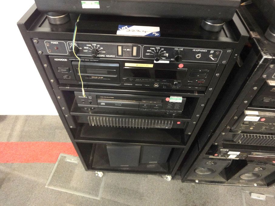 Mobile music rack with contents inc: Quad 306 ampl...