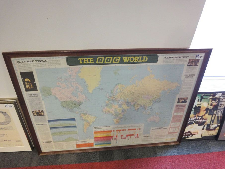 BBC World map, mounted & framed, 125x90cm