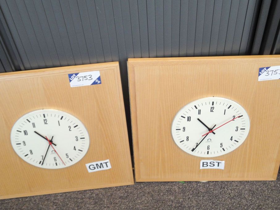 2x Mobatime analogue pulse clocks on wooden surrou...