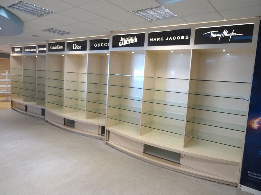 4x maple multishelf display stands, glass shelves,...