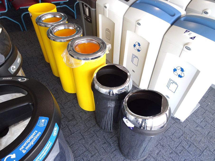 4x yellow plastic bins & 2x similar metal bins