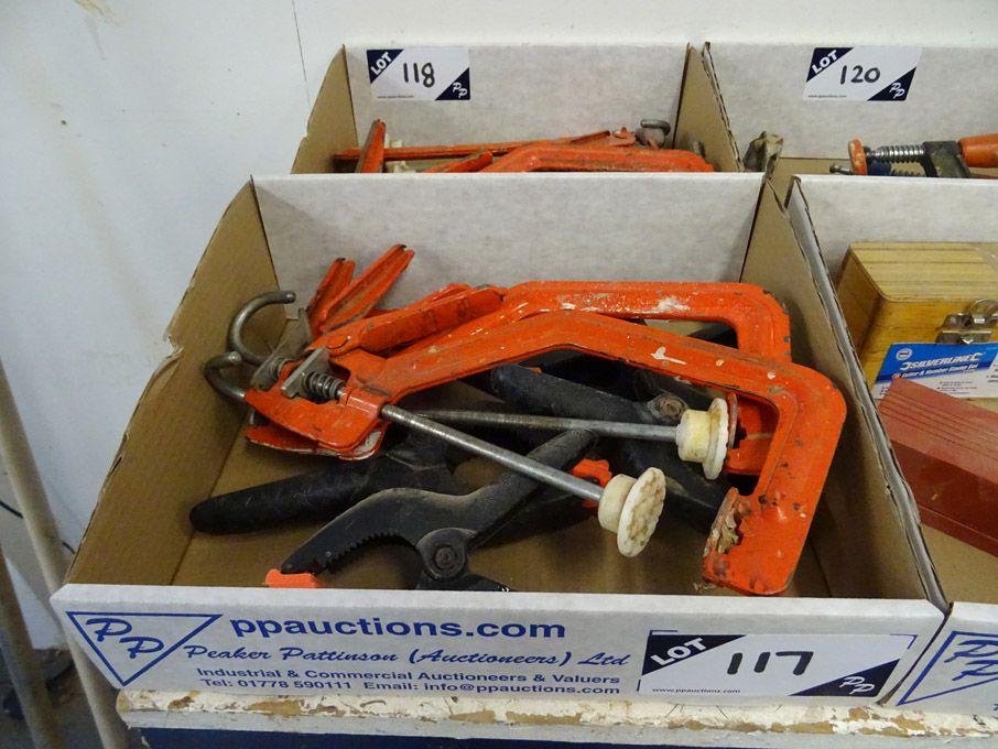 Qty various G-clamps, clip on clamps