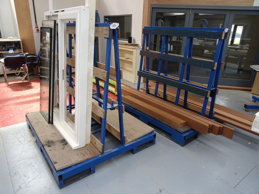 2x metal framed wood & glass storage racks, forkab...