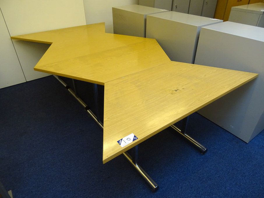 2x light oak 1500x1300mm hexagon shape tables, chr...